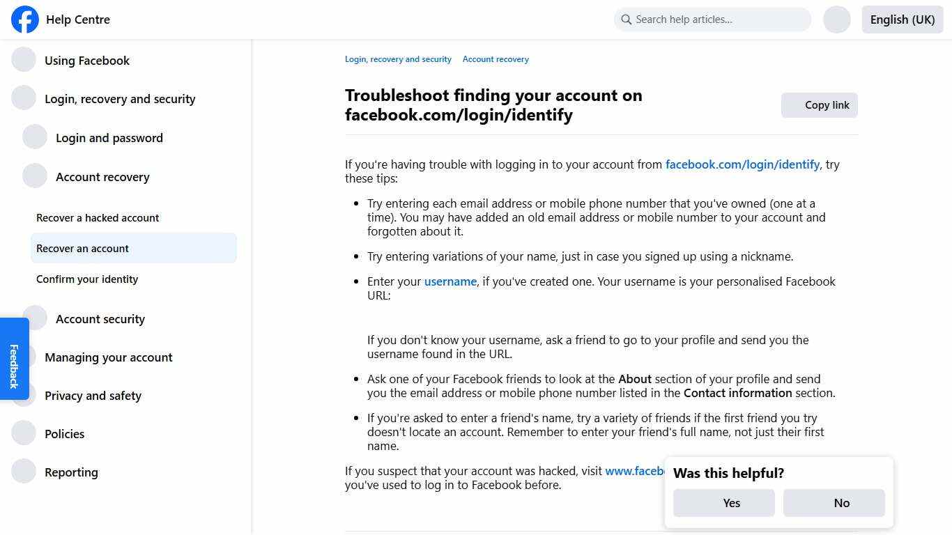 Troubleshoot finding your account on facebook.com/login/identify | Facebook Help Centre